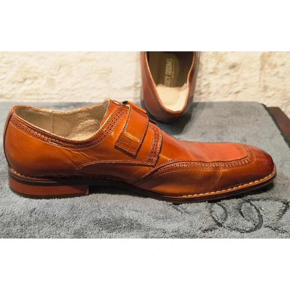 Stacy Adams Mens Cognac Leather Monk Strap Brogue Dress Shoes 25584-213‎ 9.5M